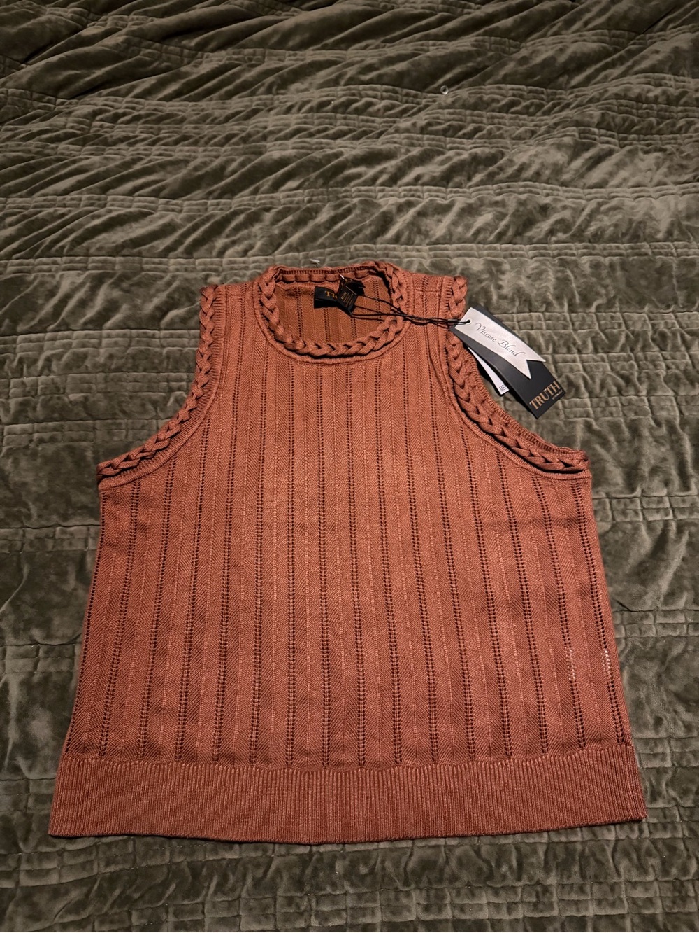 Woman's Sleeveless Braided-Trim Knit Tank in Rust Brown